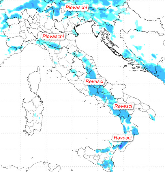 sommatoria delle piogge attese in Italia tra il pomeriggio e la serata di martedi 19 maggio sempre secondo il modello Moloch elaborato su base grafica Lamma