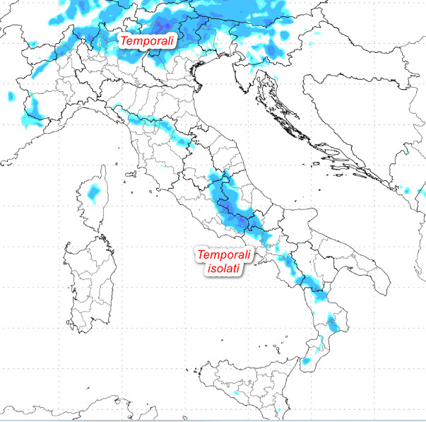 sommatoria delle precipitazioni attese in Italia tra il pomeriggio e la serata di mercoledi 20 maggio sempre secondo il modello Moloch elaborato su base grafica Lamma