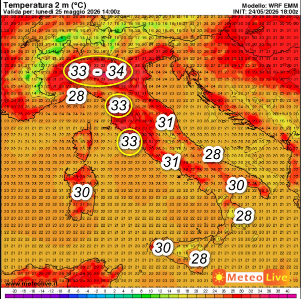 temperature attese sul nostro Paese alle ore 16 di lunedì 25 maggio