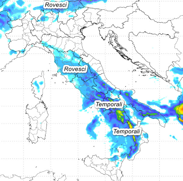 Sommatoria delle precipitazioni attese in Italia tra il pomeriggio e la serata di mercoledi 13 maggio secondo il modello Moloch elaborato su base grafica Lamma