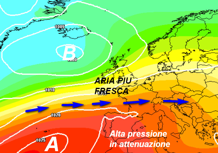 quadro sinottico atteso in Europa nelle ore centrali di marted&igrave; 2 giugno secondo il modello GFS elaborato su base grafica Meteociel