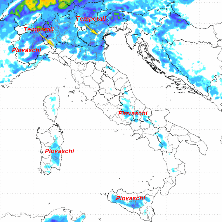 sommatoria delle precipitazioni attese in Italia per il pomeriggio, la sera e la prima parte della notte su lunedi 1 giugno sempre secondo il modello Moloch elaborato su base grafica Lamma