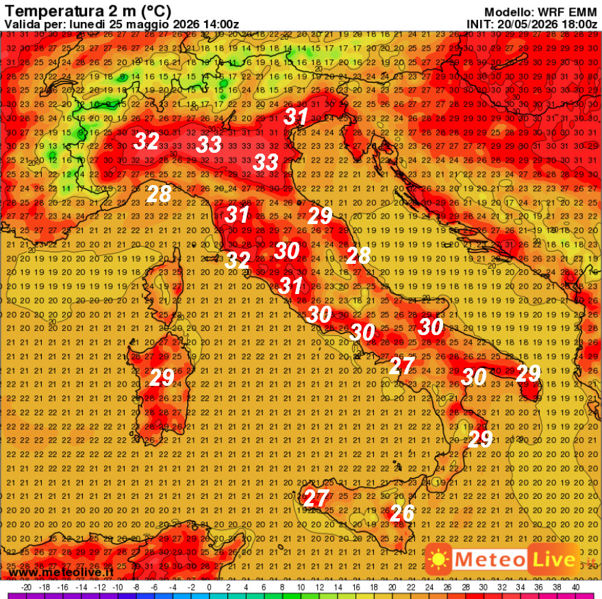 temperature attese in Italia alle ore 16 di lunedi 25 maggio
