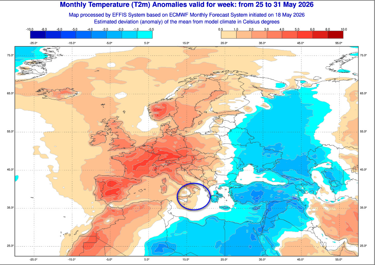 anomalie termiche in Europa a 2 metri valide per il lasso temporale compreso tra il 25 ed il 31 maggio, secondo il modello ECMWF elaborato su base grafica COPERNICUS
