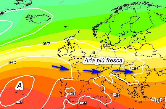 quadro sinottico atteso in Europa nelle ore centrali di giovedi 4 giugno secondo la media degli scenari del modello GFS elaborata su base grafica Meteociel