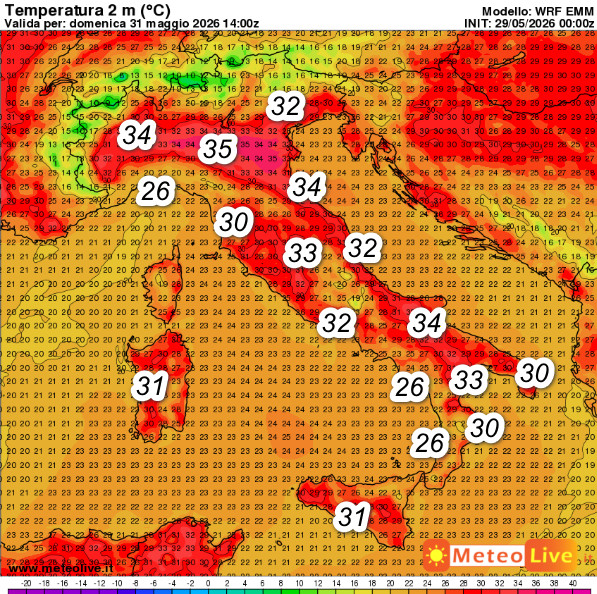 temperature attese in Italia alle ore 16 di domenica 31 maggio