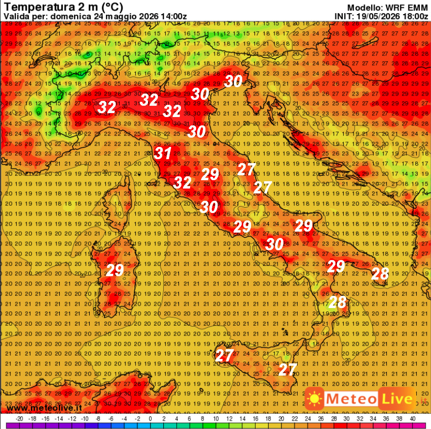 temperature attese in Italia alle ore 16 di domenica 24 maggio