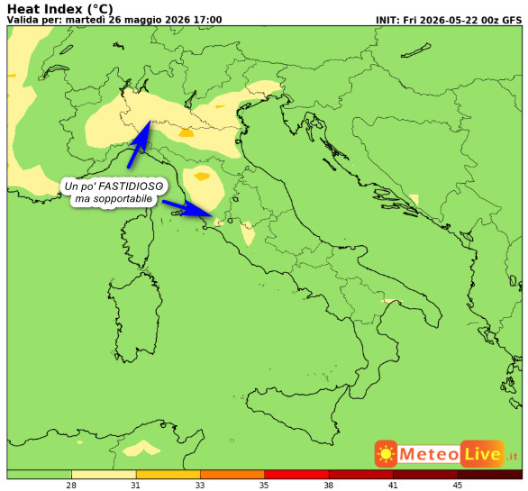 Indice di disagio da caldo atteso in Italia alle ore 17 di martedi 26 maggio