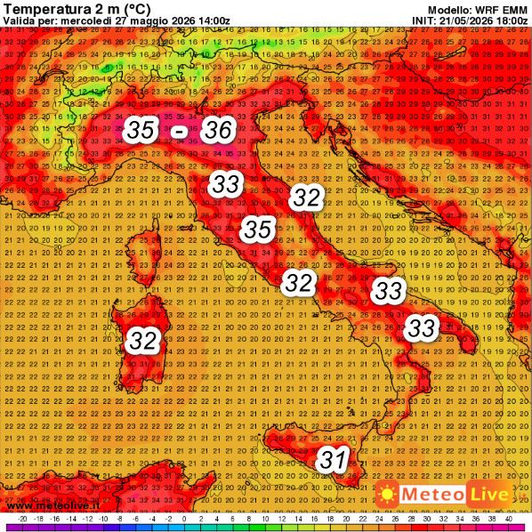 temperature previste in Italia alle ore 16 di mercoledi 27 maggio: