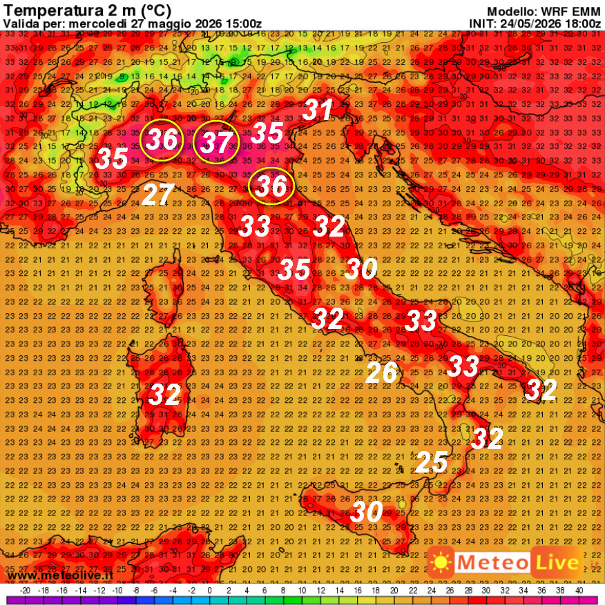 temperature al suolo attese sul nostro Paese alle ore 17 di mercoledi 27 maggio