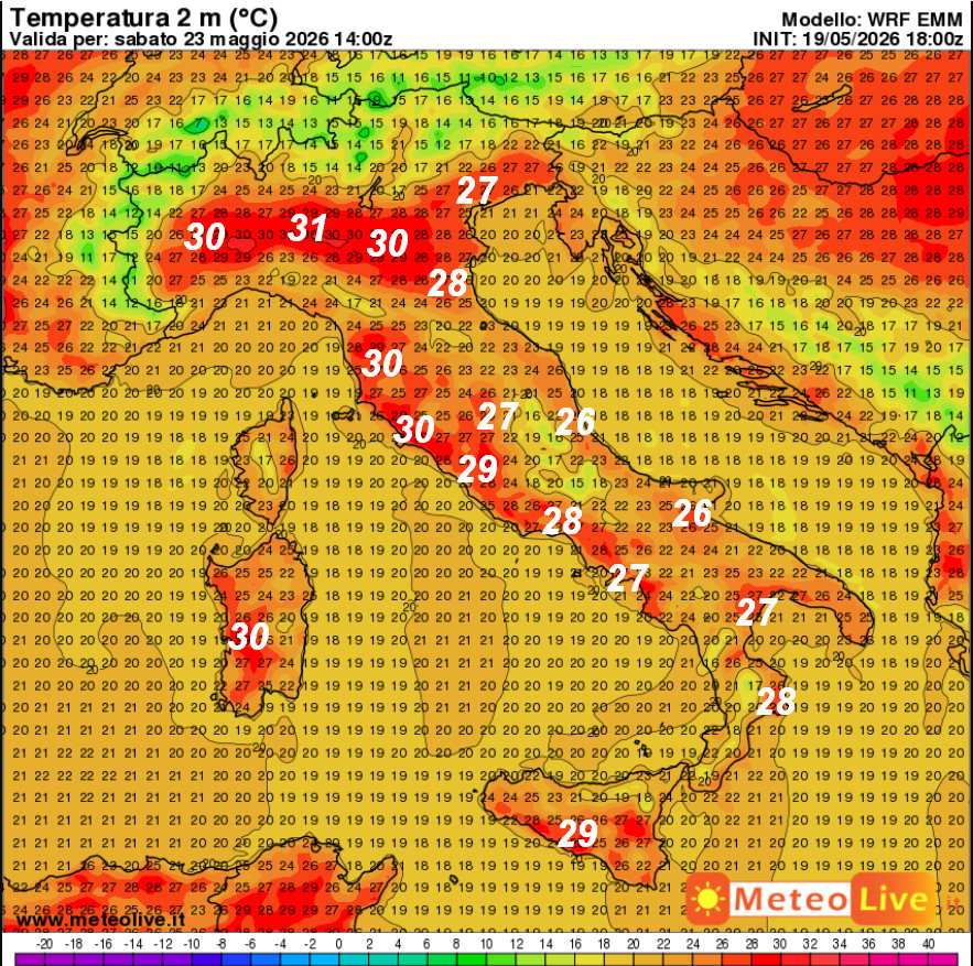 temperature attese in Italia alle ore 16 di sabato 23 maggio
