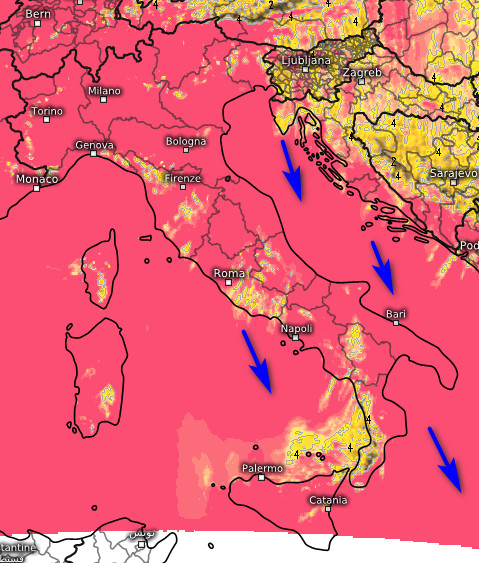 soleggiamento totale cumulato previsto tra le 9 e le 16 di giovedi 21 maggio (rosa molto soleggiato, giallo nubi e schiarite, grigio scuro assenza di sole)