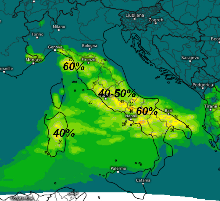 Mappa del rischio di avere temporali in Italia incentrata per le ore 15 di mercoledi 13 maggio