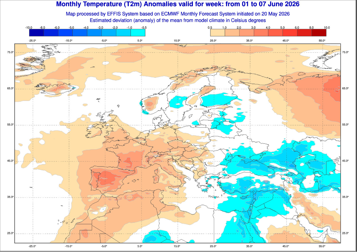 ANOMALIE TERMICHE A 2 METRI previste in Europa nel lasso temporale sopra menzionato. 