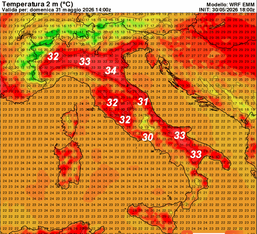 temperature attese in Italia alle ore 16 di domenica 31 maggio