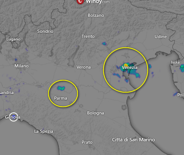 Primi rovesci puntiformi evidenziati dal radar stanno interessando segnatamente il Veneziano ed in misura minore i settori posti a nord di Parma