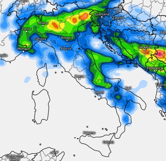 la sommatoria delle precipitazioni previste dal modello GFS su base grafica Meteologix tra il 28 e il 29 maggio: