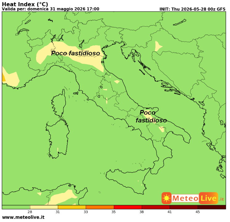 INDICE di DISAGIO da CALDO atteso in Italia alle ore 17 di domenica 31 maggio