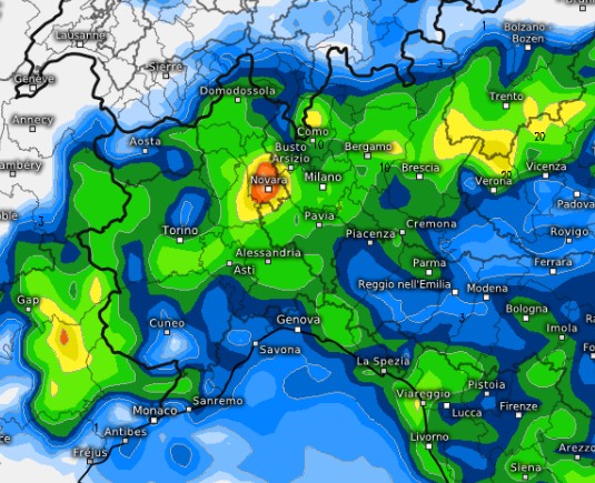 Mappa prevista dal modello GFS per la notte su venerdì 29 maggio con forti temporali sul Novarese, su base grafica meteologix.
