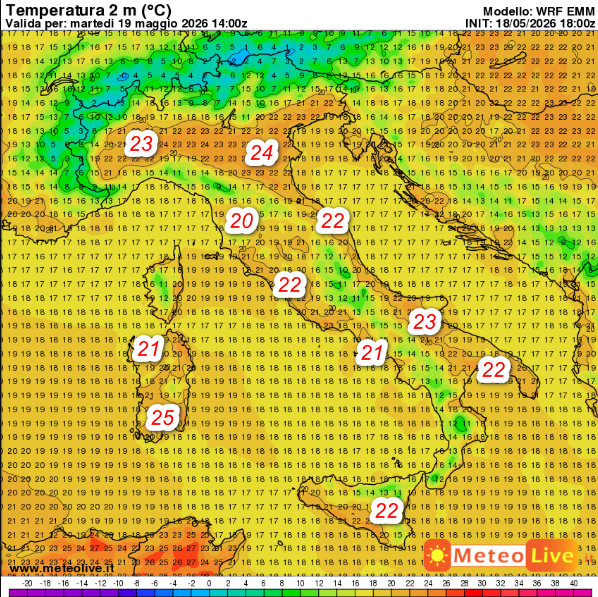 Temperature massime ore 16 di martedi 19 maggio