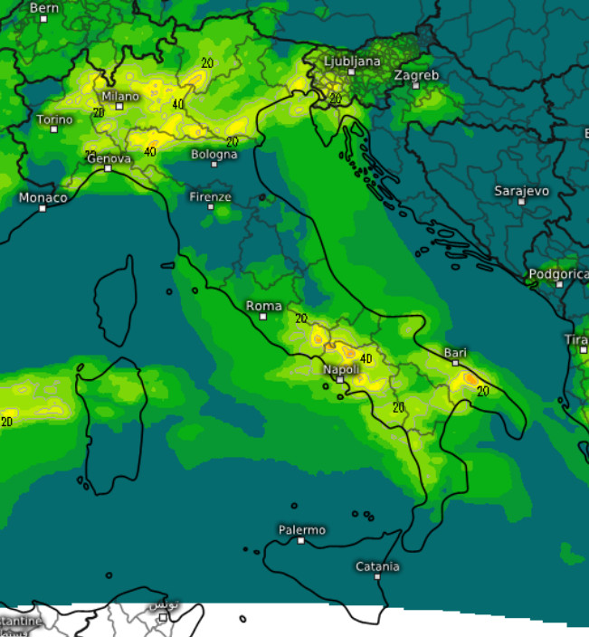 mappa del rischio temporalesco in percentuale valutato per le ore 16 di gioved&igrave; 14 maggio