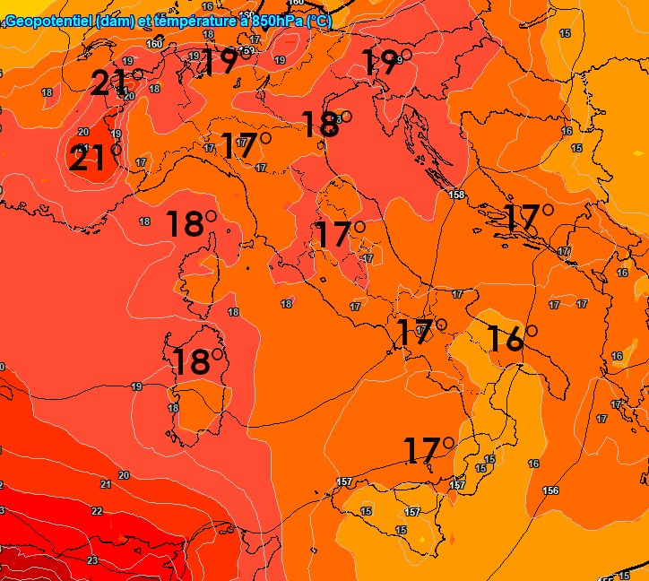  Le temperature previste a 1500 secondo il modello GFS su base grafica Meteologix per sabato 6 giugno