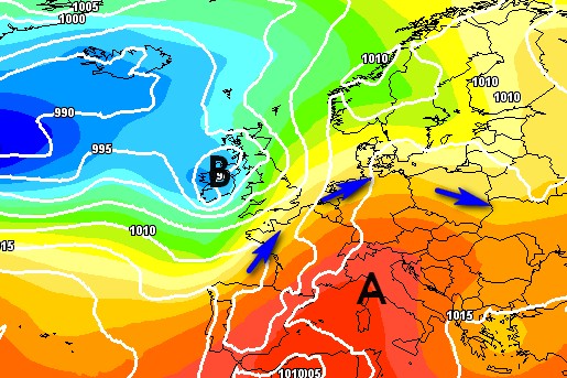 La carta barica secondo il modello GFS su base grafica Meteologix sempre per sabato 6 giugno