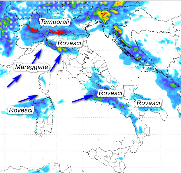 Sommatoria delle piogge attese in Italia nel pomeriggio-sera di giovedi 14 maggio sempre secondo il modello Moloch elaborato su base grafica Lamma
