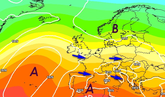 La mappa barica relativa alla media degli scenari del modello GFS per il 30 maggio su base grafica Meteociel.