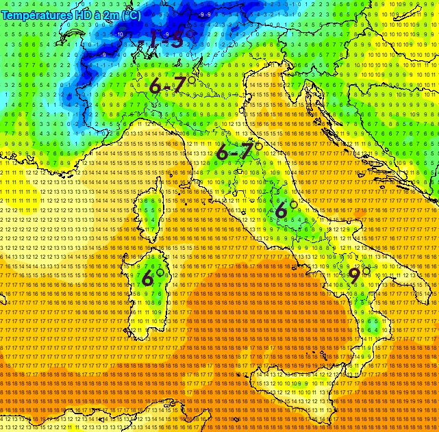 Le temperature attese all'alba di venerd&igrave; 15 maggio sull'Italia secondo il modello GFS su base grafica Meteociel.