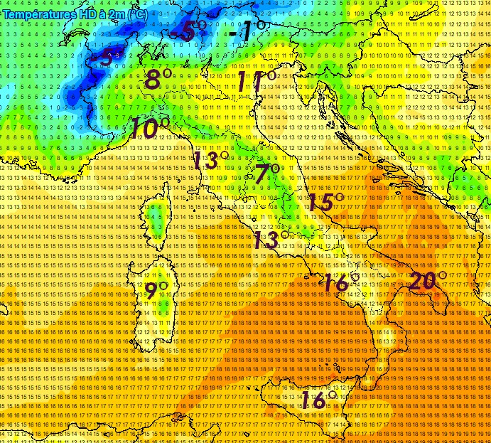 Le temperature attese sabato mattina 16 maggio secondo il modello GFS su base grafica Meteociel.