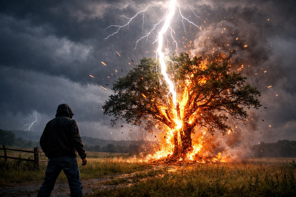 FULMINI: quando possono essere mortali (video impressionante) Un fulmine si abbatte su un albero distruggendolo.