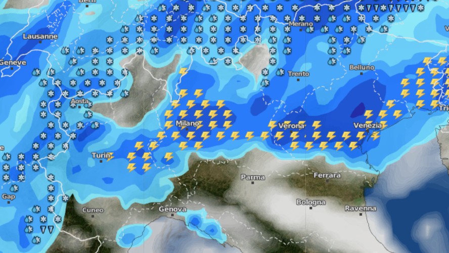 I temporali del pomeriggio di giovedì 14 sul settentrione, mappa ICON su base grafica wetterdienst.