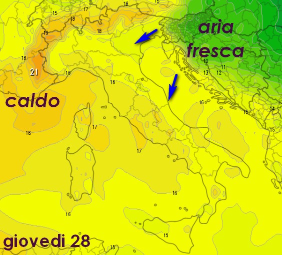 Mappa termica a 1500m che evidenzia per gioved&igrave; 28 il possibile inserimento di aria fresca da nord-est, base grafica Meteologix.