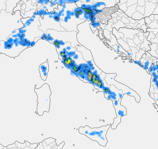 Mappa relativa alla distribuzione dei temporali nelle ore pomeridiane di gioved&igrave; 28 maggio secondo il modello MRF su base grafica Meteologix: 