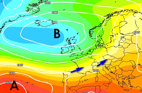 la carta barica prevista per il 5 giugno secondo il modello GFS (media degli scenari) su base grafica Meteociel: 