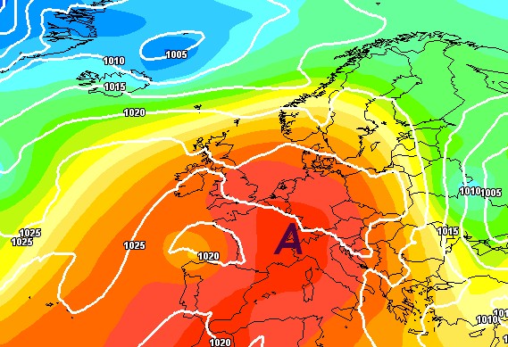Il potente anticiclone che abbraccerà l'Italia nella posizione prevista tra il 24 e il 27 maggio. Modello GFS, base grafica Meteociel.