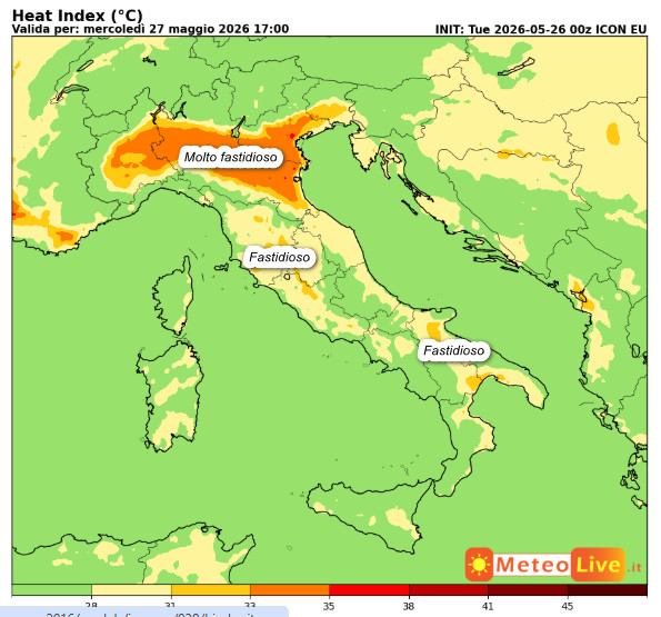 Indice di DISAGIO da CALDO previsto in Italia alle ore 17 di mercoledi 27 maggio