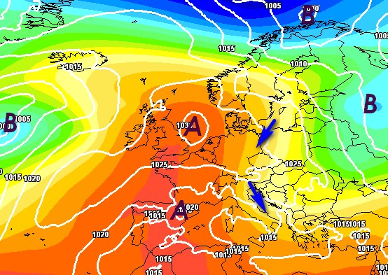 Le infiltrazioni fresche lungo l'Adriatico previste per giovedì 28 secondo il modello ECMWF su base grafica Meteociel.