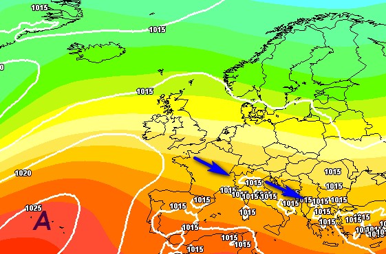 Le infiltrazioni fresche previste per l'esordio di giugno dalla media degli scenari del modello ECMWF su base grafica Meteociel.