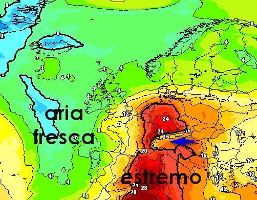 la carta termica di GFS prevista a 1500m per sabato 6 giugno su base grafica Meteociel.