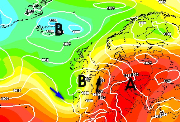 la carta barica che mostra l'avvicinamento ma anche la frenata della saccatura una volta giunta in prossimità dell'Italia, su base grafica Meteociel: