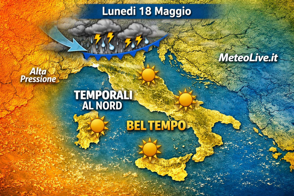METEO 18-24 maggio: lunedì instabilità al nord, poi bello e caldo ma… Il tempo di Lunedì 18 maggio su elaborazione grafica MeteoLive.it