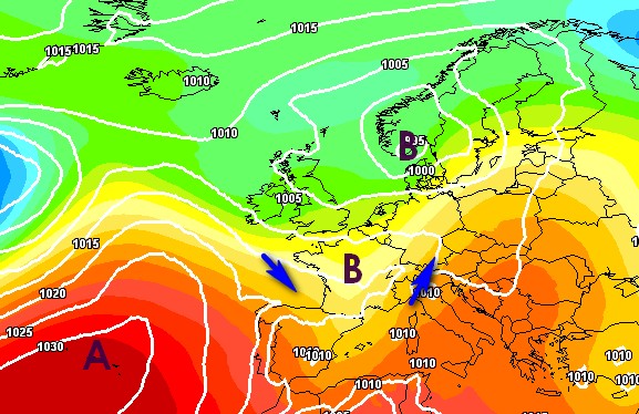 Carta barica per il 3-4 giugno secondo il modello GFS su base grafica Meteociel.