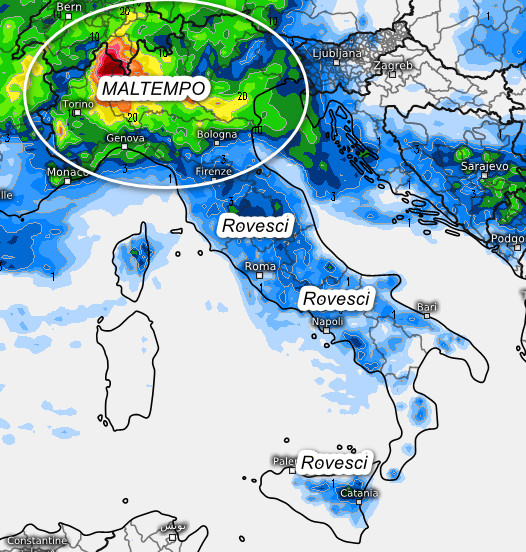 sommatoria delle piogge attese in Italia nell'arco della giornata di martedì 2 giugno sempre secondo il modello ECMWF elaborato su base grafica Meteologix