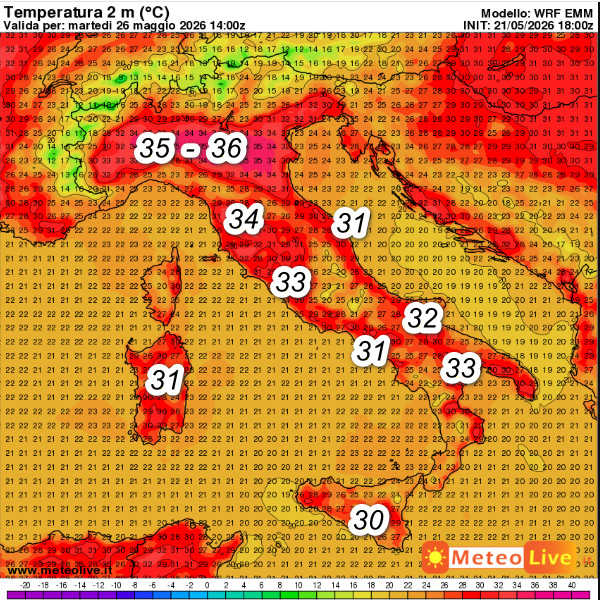 temperature attese in Italia alle ore 16 di martedi 26 maggio:
