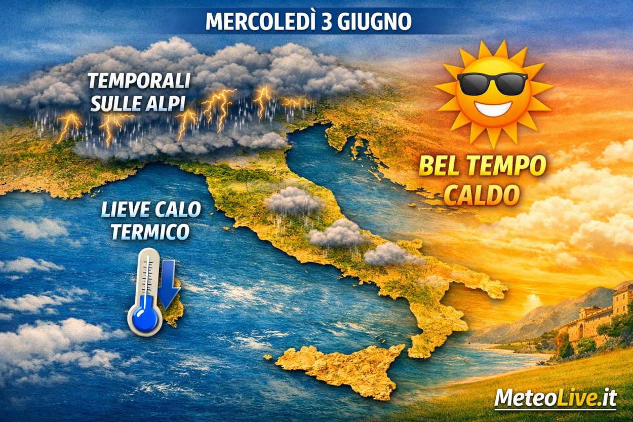 I potenziali temporali di mercoledì 3 giugno secondo il modello GFS e la rielaborazione di MeteoLive.it