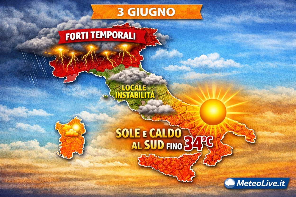Svolta meteo dal 3 giugno: le regioni coinvolte La mappa del tempo prevista per mercoledì 3 giugno.
