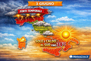 La mappa del tempo prevista per mercoledì 3 giugno.