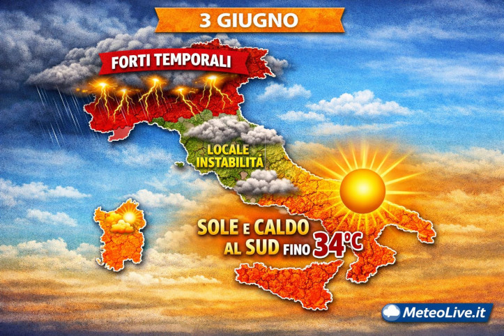 Svolta meteo dal 3 giugno: le regioni coinvolte La mappa del tempo prevista per mercoledì 3 giugno.